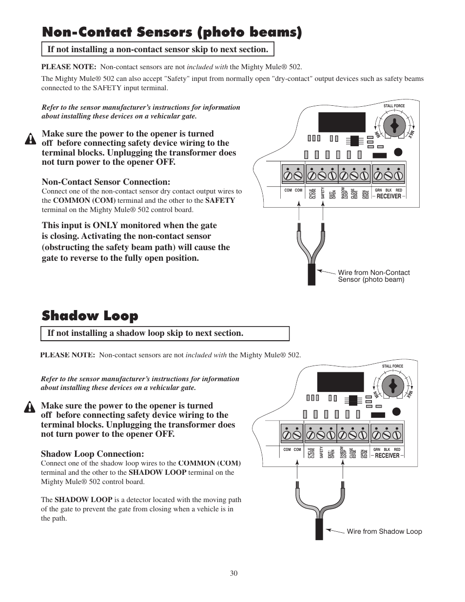 Non-contact sensors (photo beams), Shadow loop | Mighty Mule FM502 Green Board User Manual | Page 34 / 44