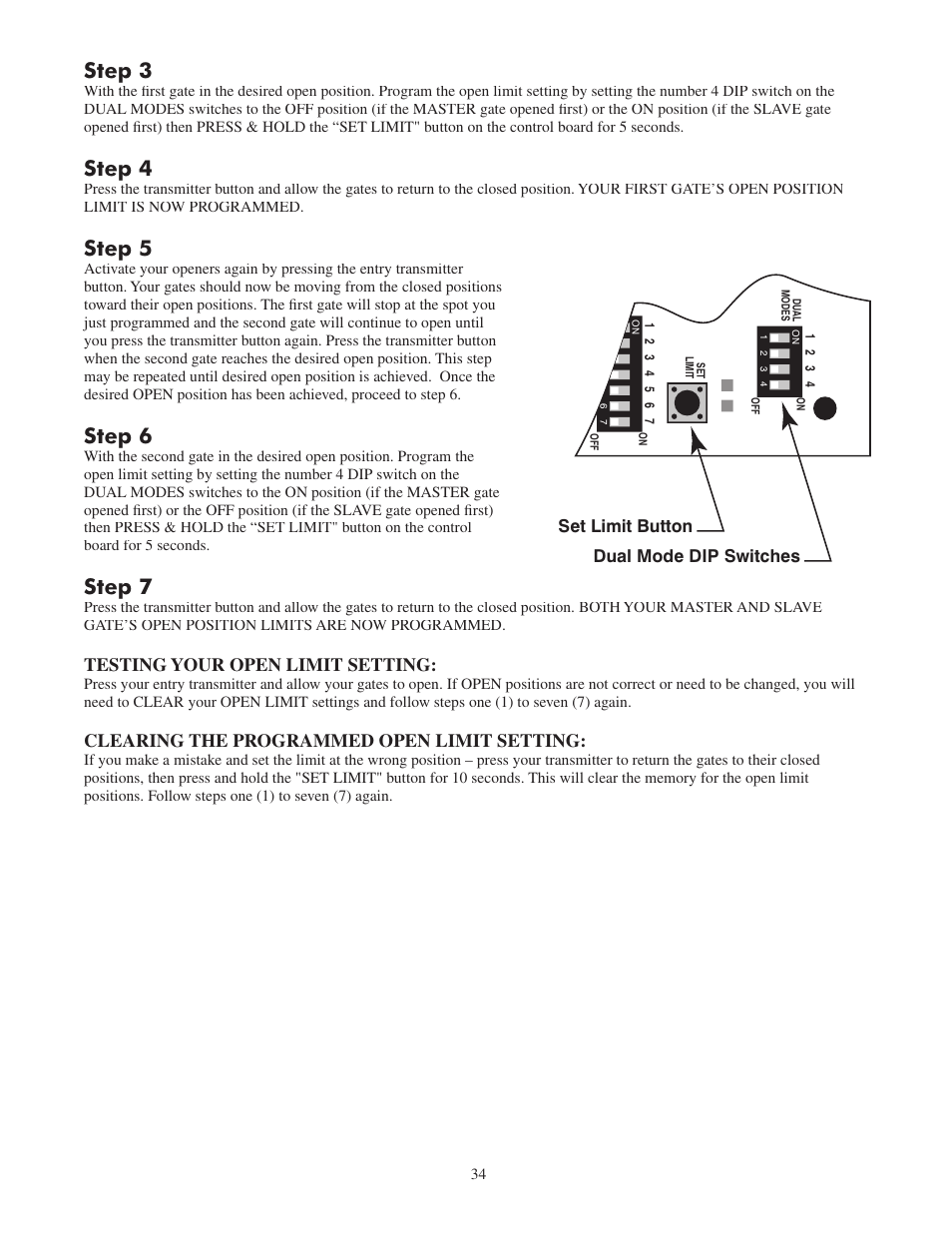 Step 3, Step 4, Step 5 | Step 6, Step 7, Testing your open limit setting, Clearing the programmed open limit setting | Mighty Mule FM502 Green Board User Manual | Page 38 / 44