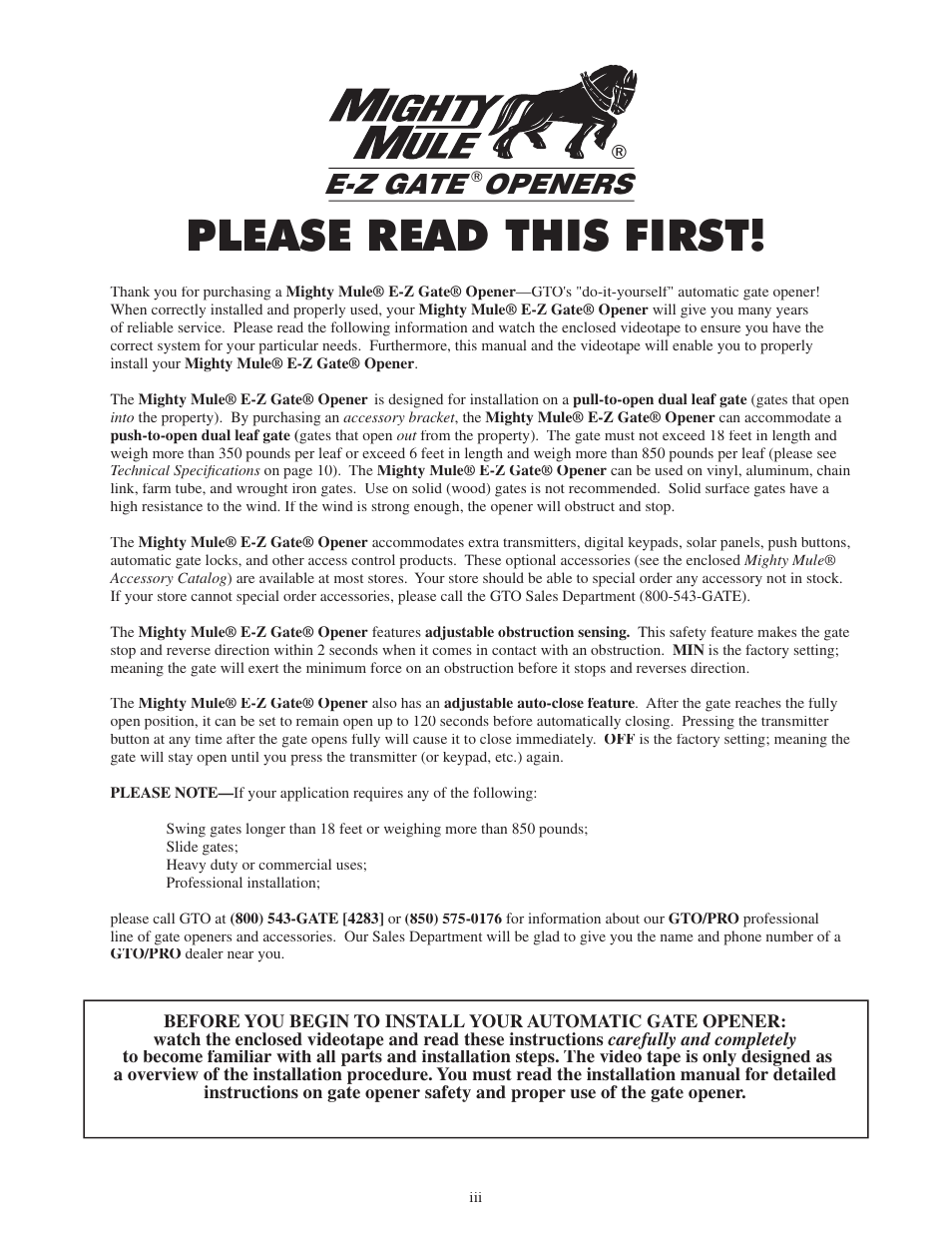 Please read this first, E-z gate openers | Mighty Mule FM502 Green Board User Manual | Page 4 / 44