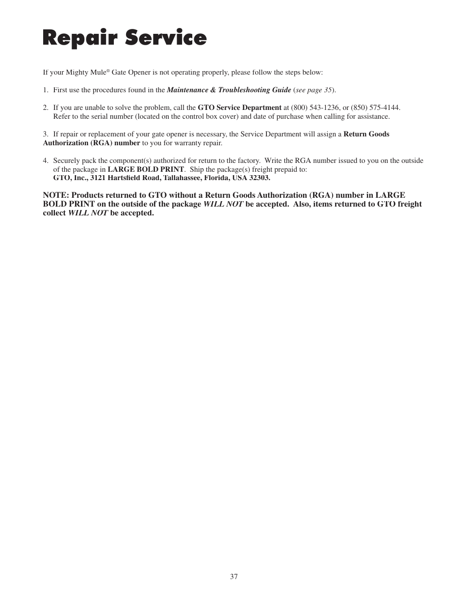 Repair service | Mighty Mule FM502 Green Board User Manual | Page 41 / 44