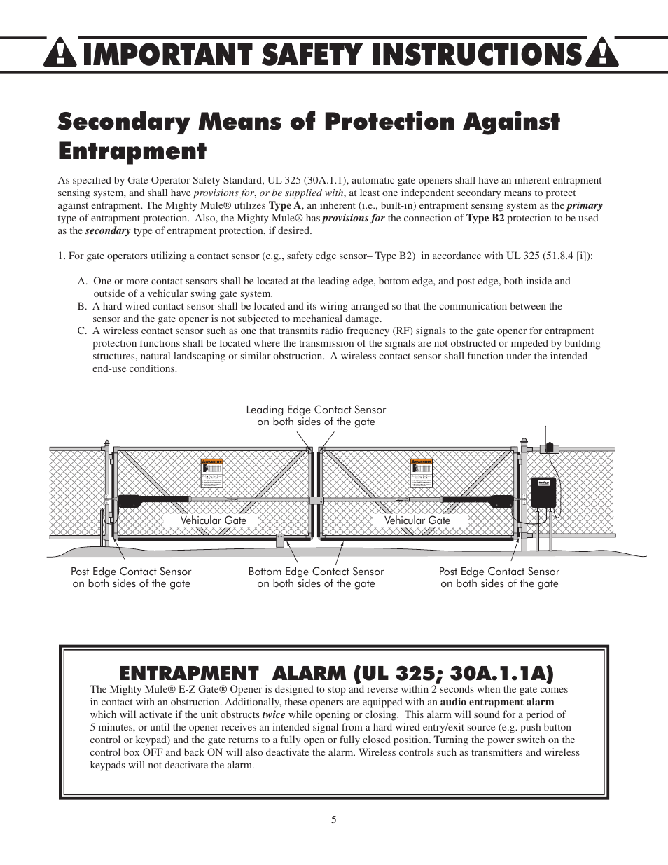 Important safety instructions, Secondary means of protection against entrapment | Mighty Mule FM502 Green Board User Manual | Page 9 / 44