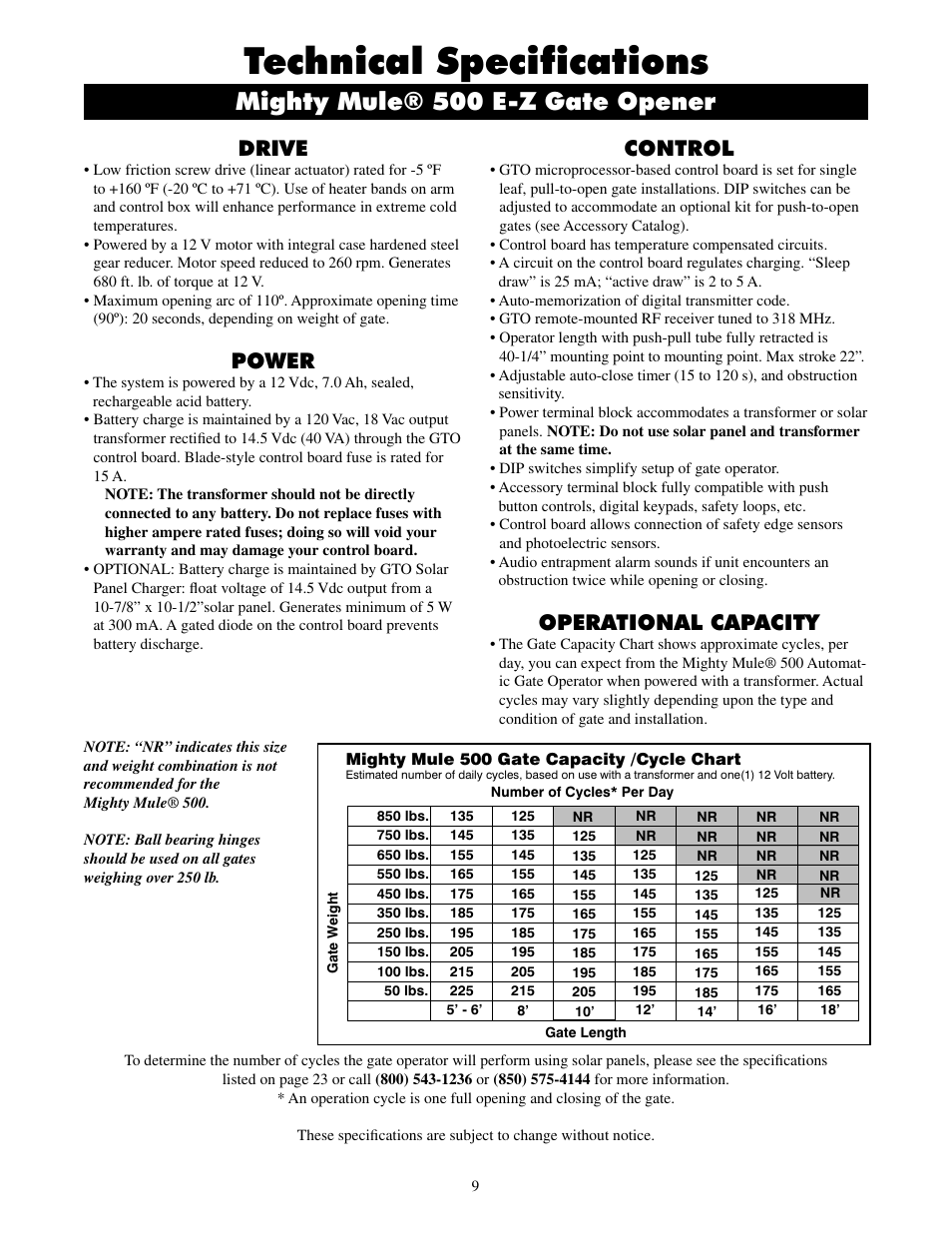 Technical specifications, Mighty mule® 500 e-z gate opener, Drive | Power, Control, Operational capacity | Mighty Mule FM500 Blue Board User Manual | Page 12 / 43