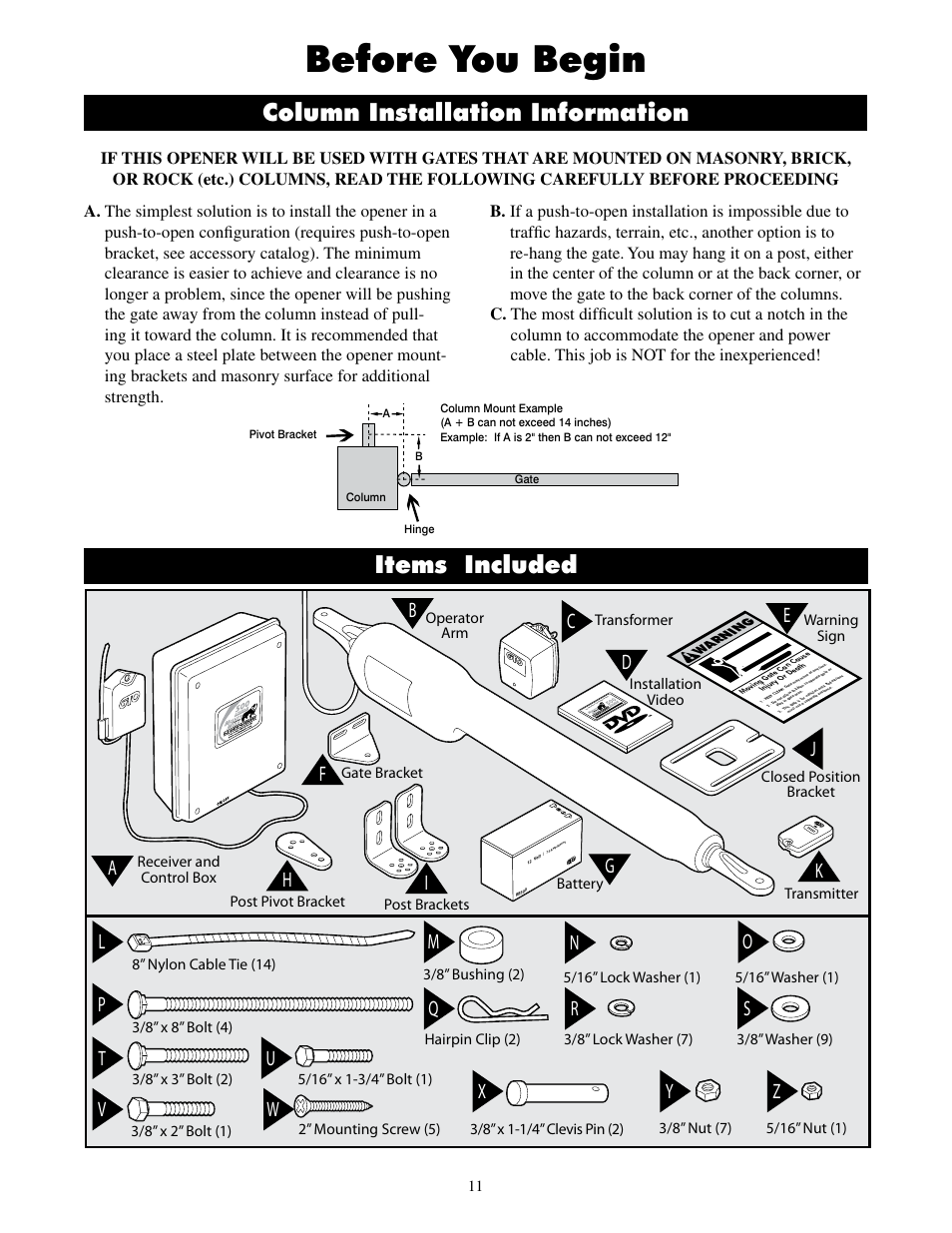 Before you begin, Column installation information, Items included | Warning | Mighty Mule FM500 Blue Board User Manual | Page 14 / 43