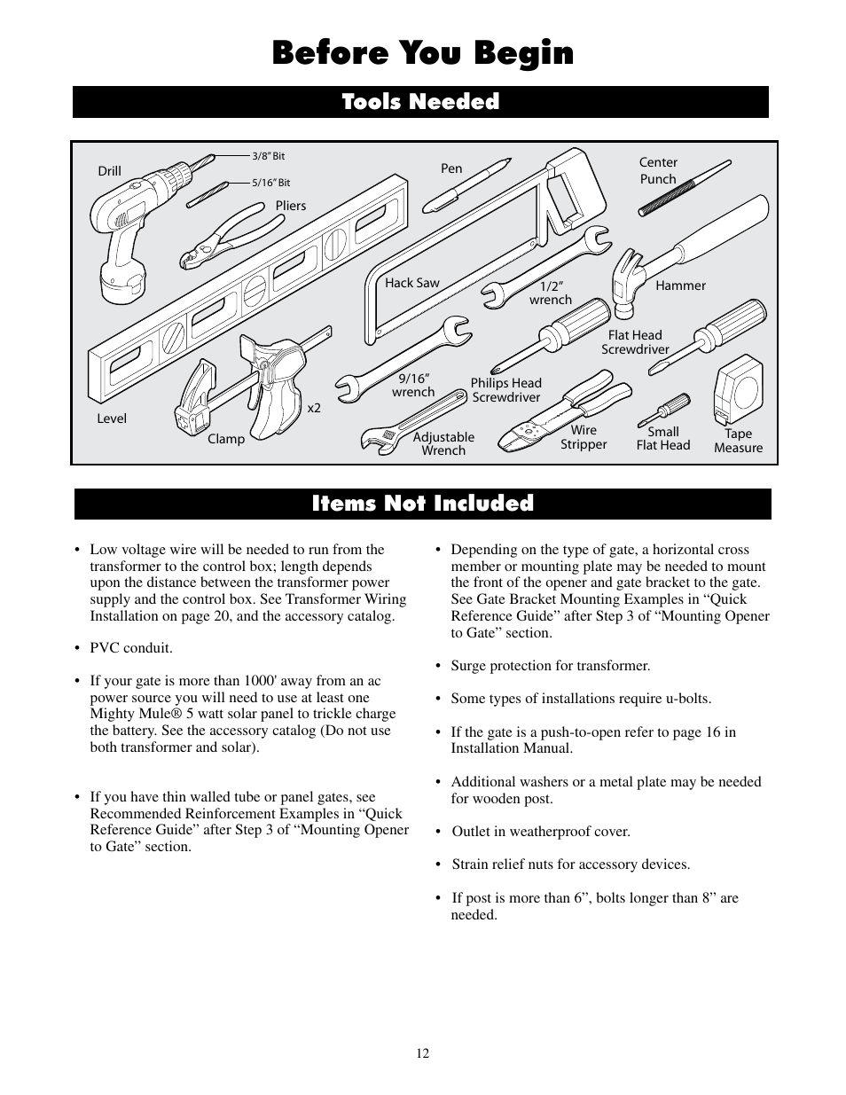 Before you begin, Items not included, Tools needed | Mighty Mule FM500 Blue Board User Manual | Page 15 / 43