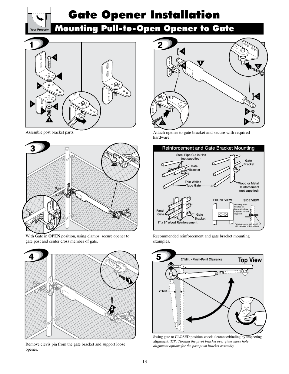 Gate opener installation, Mounting pull-to-open opener to gate, Top view | Mighty Mule FM500 Blue Board User Manual | Page 16 / 43