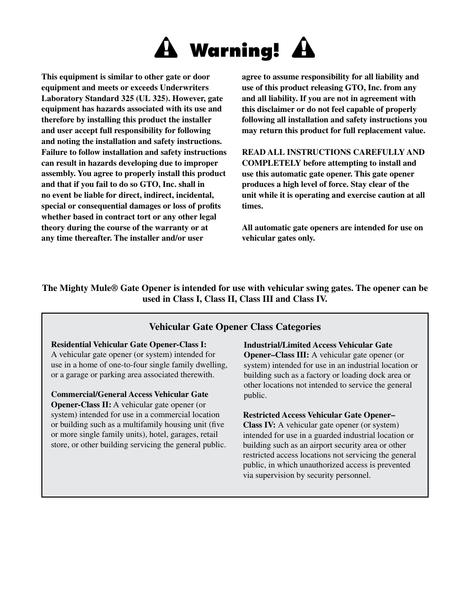 Warning | Mighty Mule FM500 Blue Board User Manual | Page 2 / 43