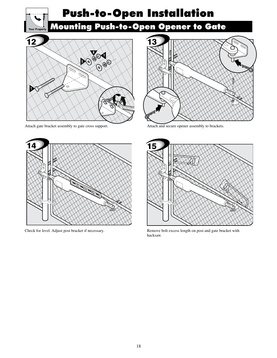 Push-to-open installation, Mounting push-to-open opener to gate | Mighty Mule FM500 Blue Board User Manual | Page 21 / 43