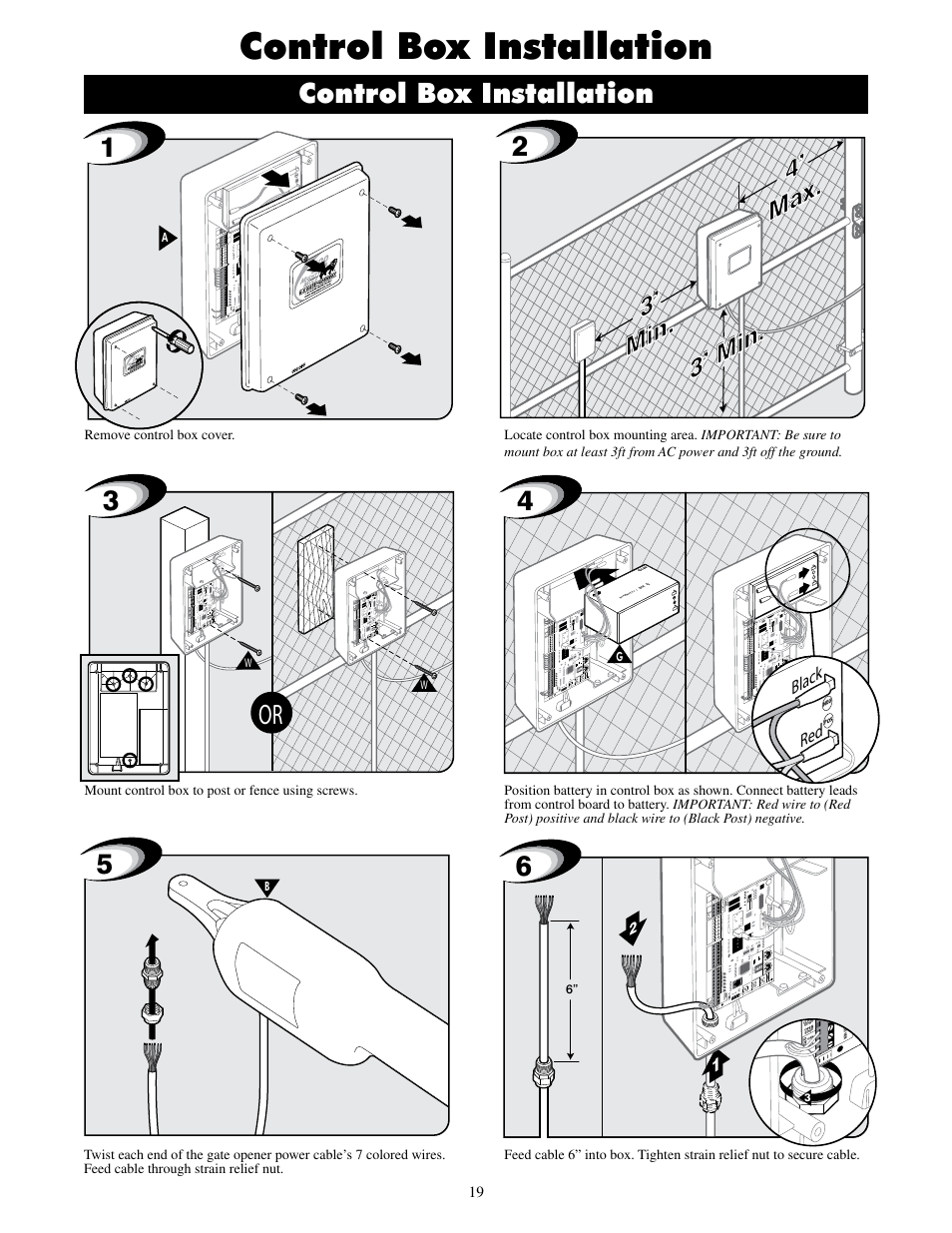 Control box installation, 3’ min. 3’ min. 4’ max, Black red | Mighty Mule FM500 Blue Board User Manual | Page 22 / 43
