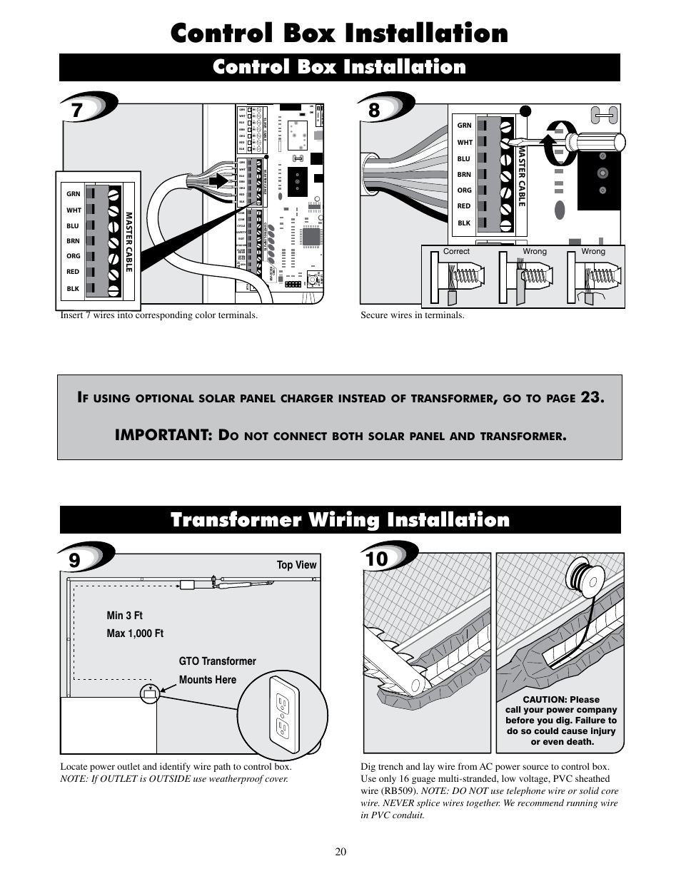 Transformer wiring installation, Control box installation, Important: d | Using, Optional, Solar, Panel, Charger, Instead, Transformer | Mighty Mule FM500 Blue Board User Manual | Page 23 / 43