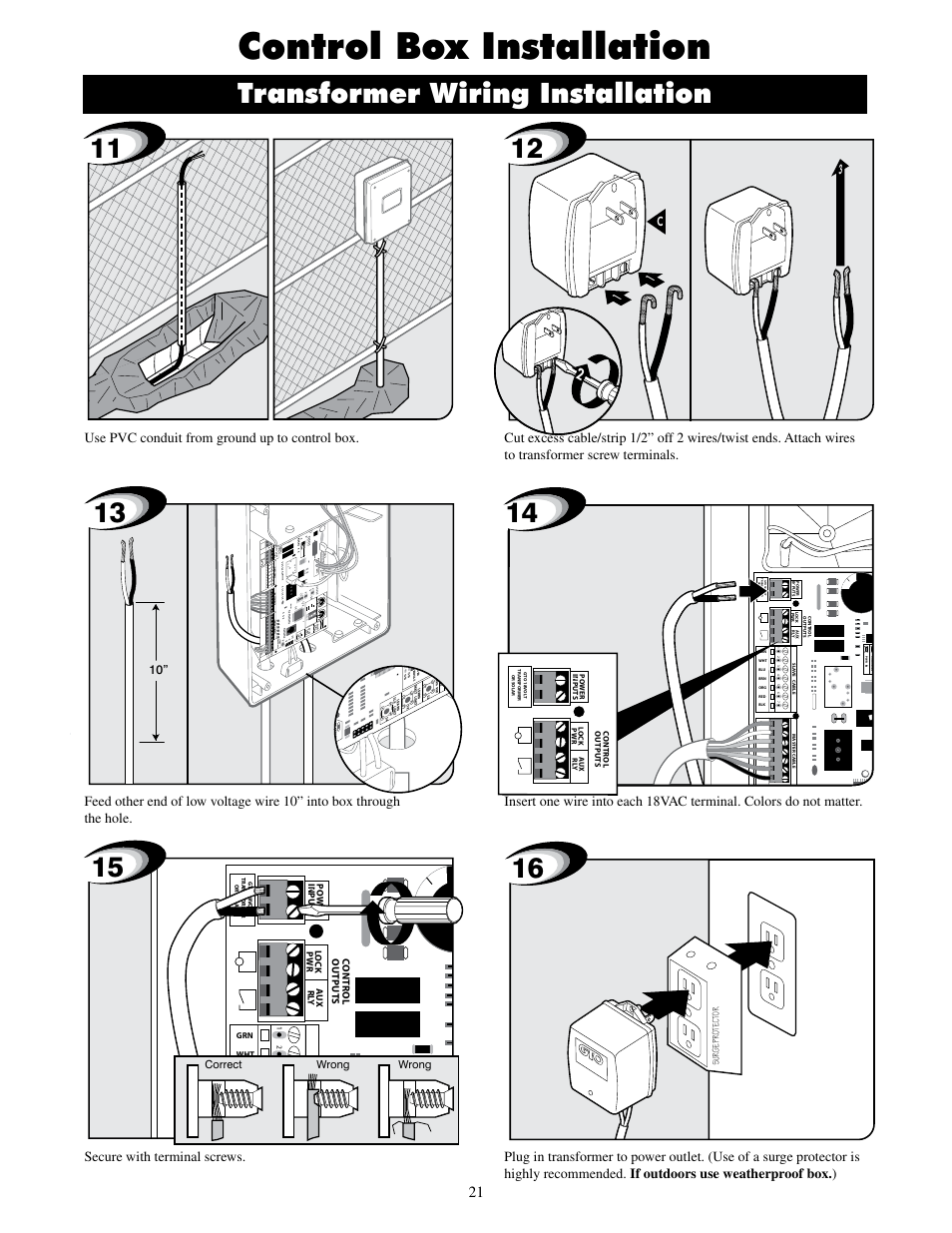 Control box installation, Transformer wiring installation, Re ce iv er gt o r cv r. g to lo ck | C3 1 1, Correct wrong wrong | Mighty Mule FM500 Blue Board User Manual | Page 24 / 43