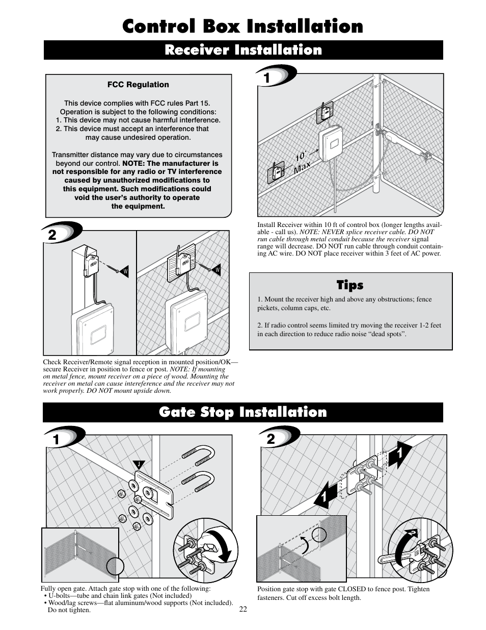 Control box installation, Gate stop installation, Receiver installation | Tips | Mighty Mule FM500 Blue Board User Manual | Page 25 / 43