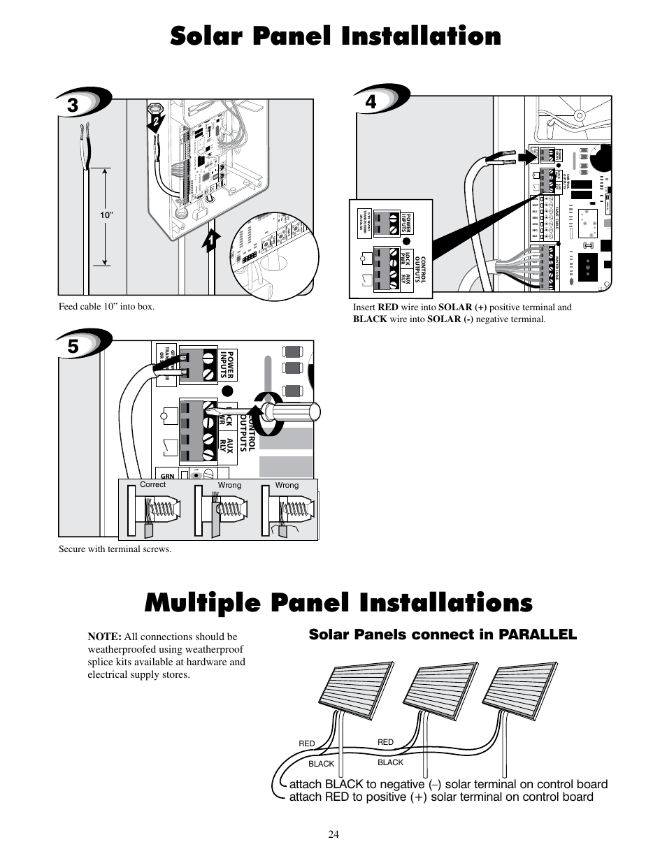 Solar panels connect in parallel, Re ce iv er gt o r cvr. g to lo ck | Mighty Mule FM500 Blue Board User Manual | Page 27 / 43