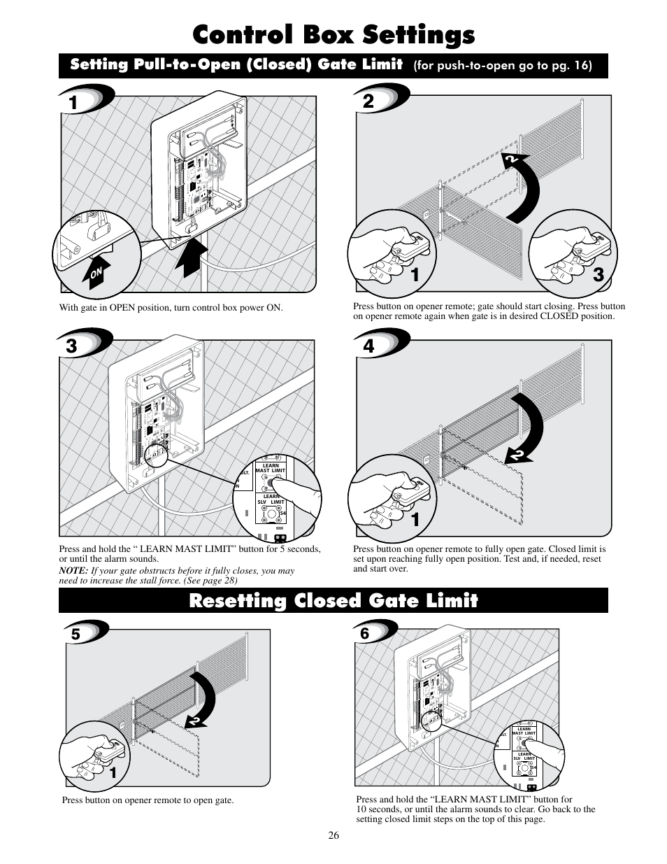 Control box settings, Resetting closed gate limit, Setting pull-to-open (closed) gate limit | For push-to-open go to pg. 16) | Mighty Mule FM500 Blue Board User Manual | Page 29 / 43