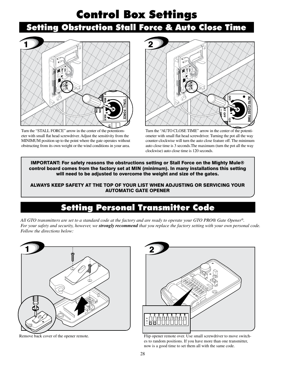 Control box settings | Mighty Mule FM500 Blue Board User Manual | Page 31 / 43