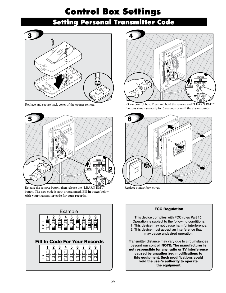 Control box settings, Setting personal transmitter code, Example | Fill in code for your records | Mighty Mule FM500 Blue Board User Manual | Page 32 / 43