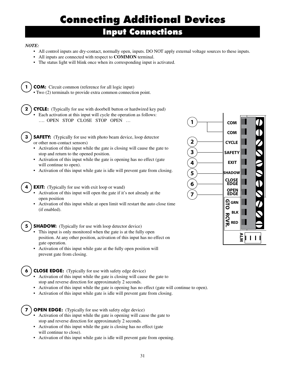 Connecting additional devices, Input connections, Ba t t | Au x r ly | Mighty Mule FM500 Blue Board User Manual | Page 34 / 43