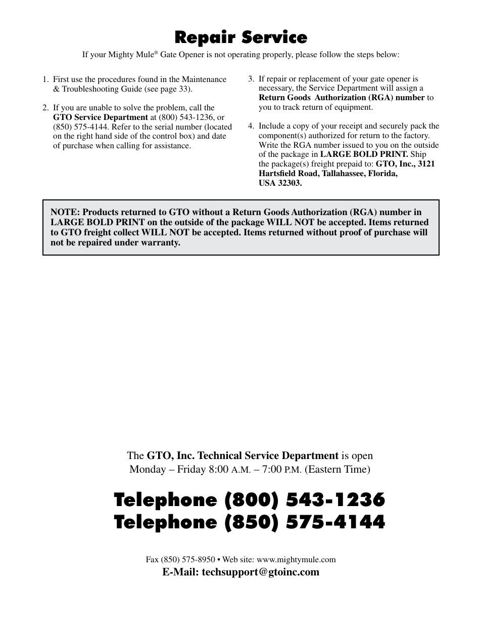 Repair service | Mighty Mule FM500 Blue Board User Manual | Page 39 / 43