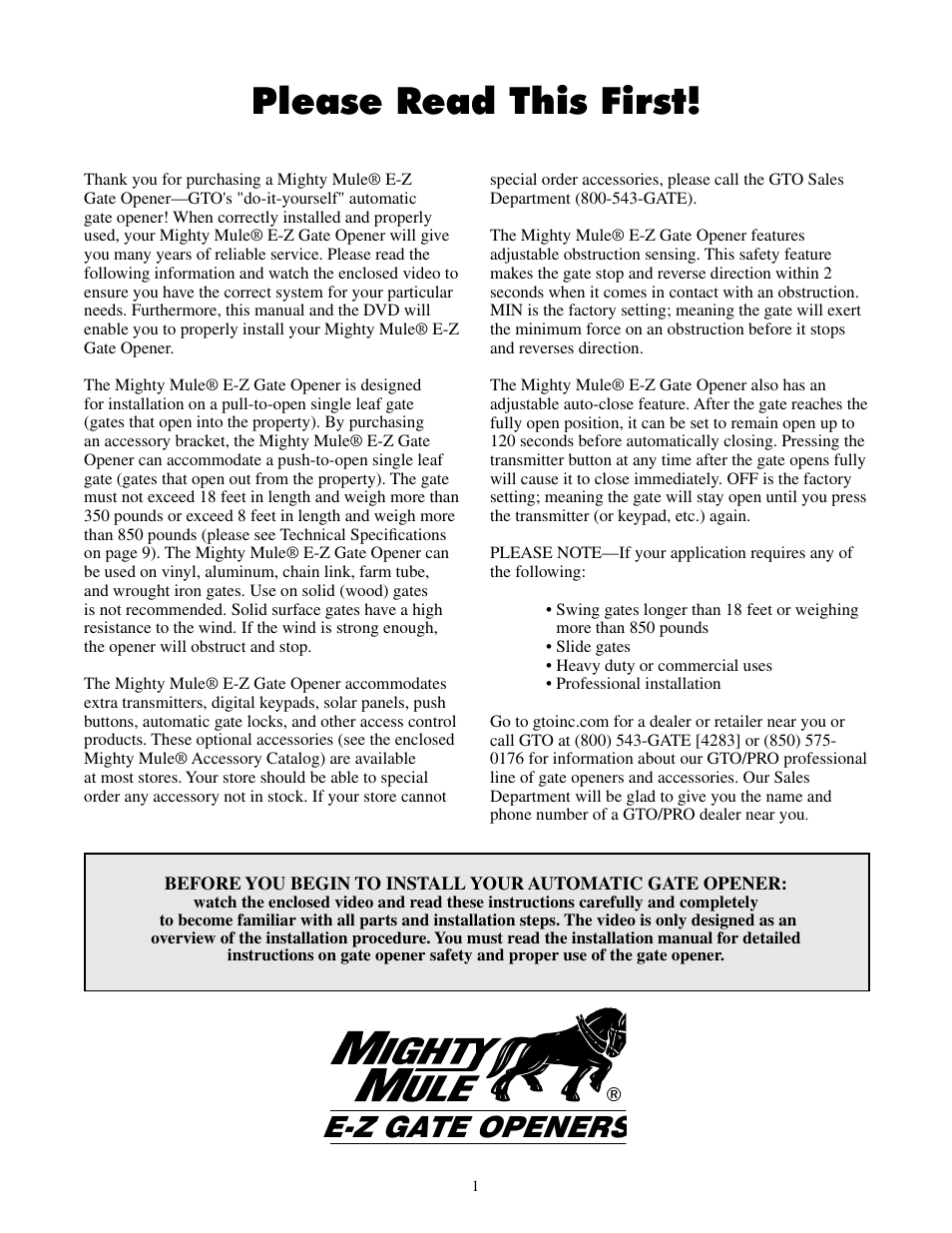 Please read this first, E-z gate openers | Mighty Mule FM500 Blue Board User Manual | Page 4 / 43