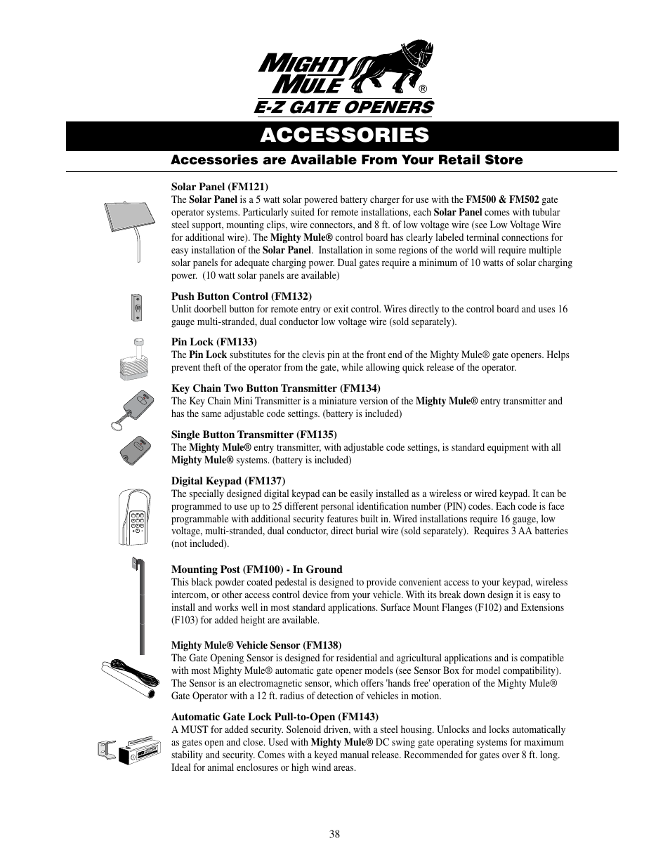 Accessories, E-z gate openers, Accessories are available from your retail store | Mighty Mule FM500 Blue Board User Manual | Page 41 / 43