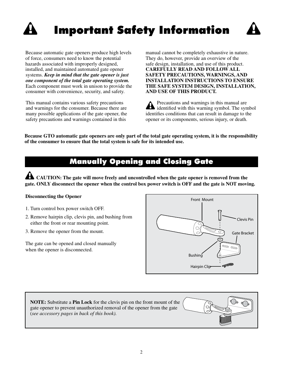 Important safety information, Manually opening and closing gate | Mighty Mule FM500 Blue Board User Manual | Page 5 / 43
