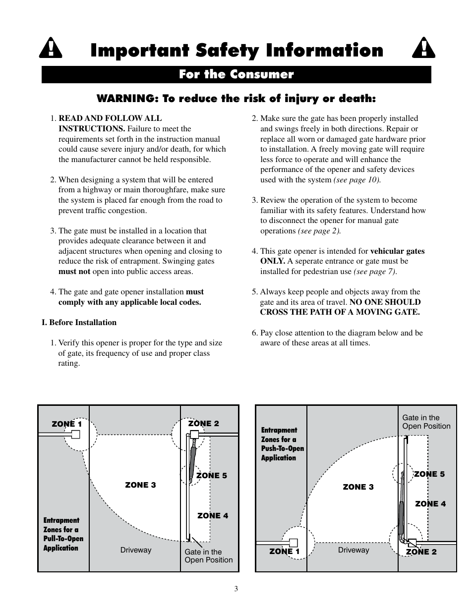 Important safety information, For the consumer, Warning: to reduce the risk of injury or death | Mighty Mule FM500 Blue Board User Manual | Page 6 / 43