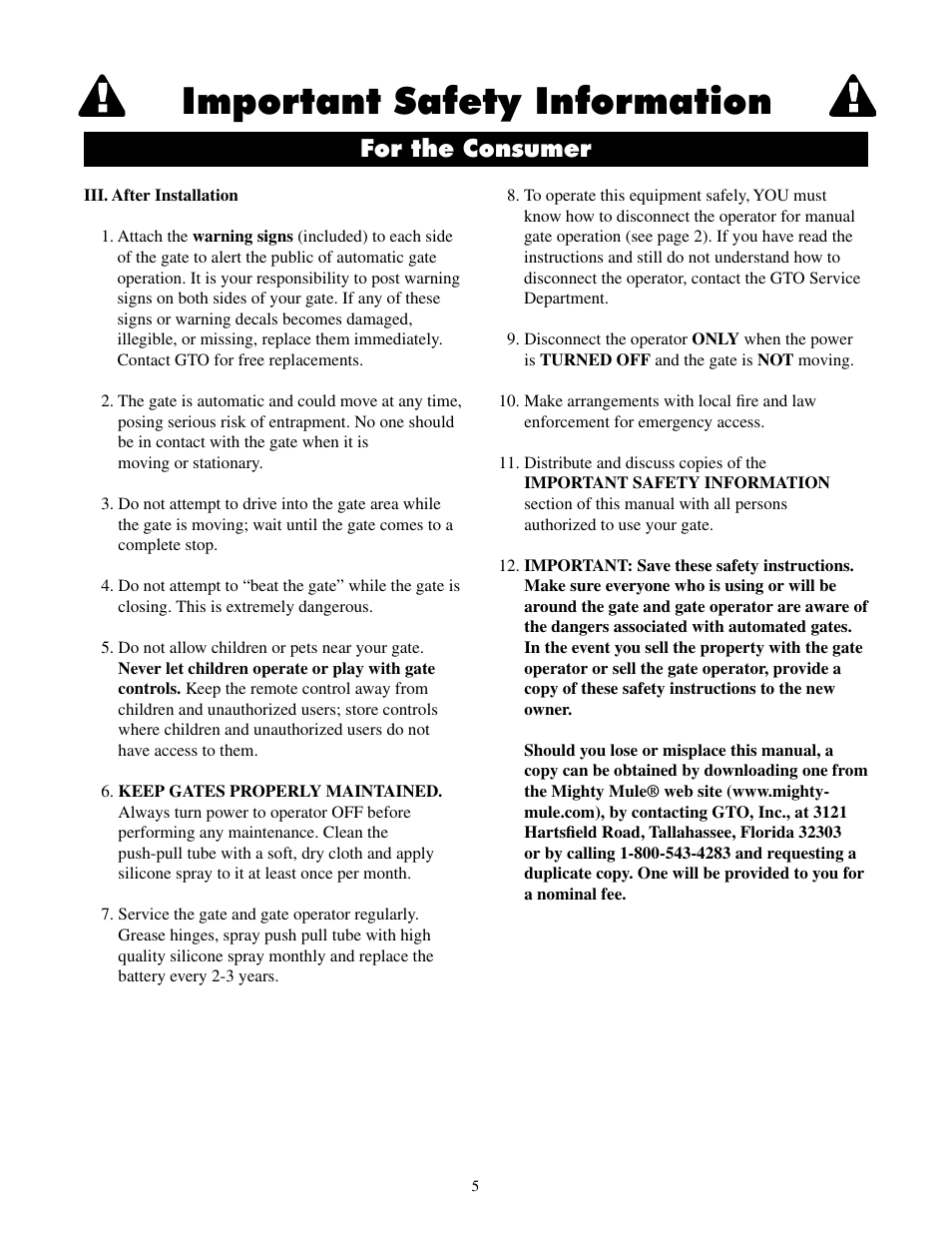 Important safety information, For the consumer | Mighty Mule FM500 Blue Board User Manual | Page 8 / 43