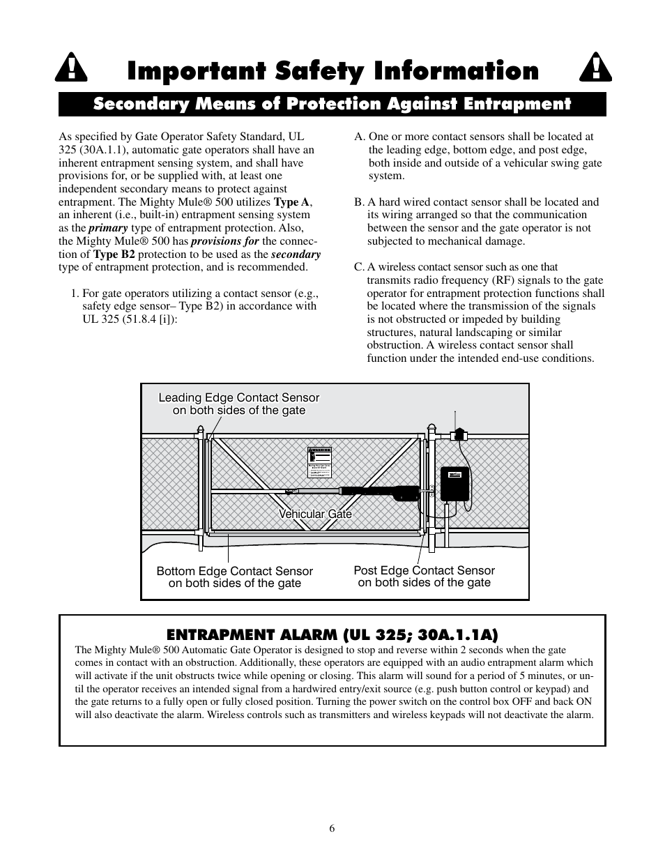 Important safety information, Secondary means of protection against entrapment | Mighty Mule FM500 Blue Board User Manual | Page 9 / 43