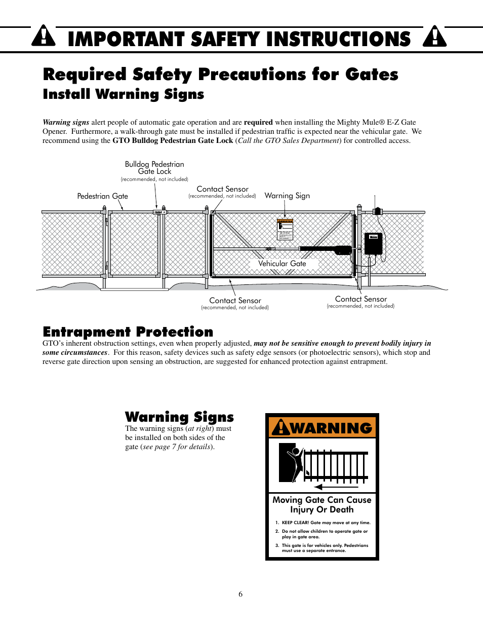 Important safety instructions, Required safety precautions for gates, Warning | Install warning signs entrapment protection, Warning signs | Mighty Mule FM500 Green Board User Manual | Page 10 / 42
