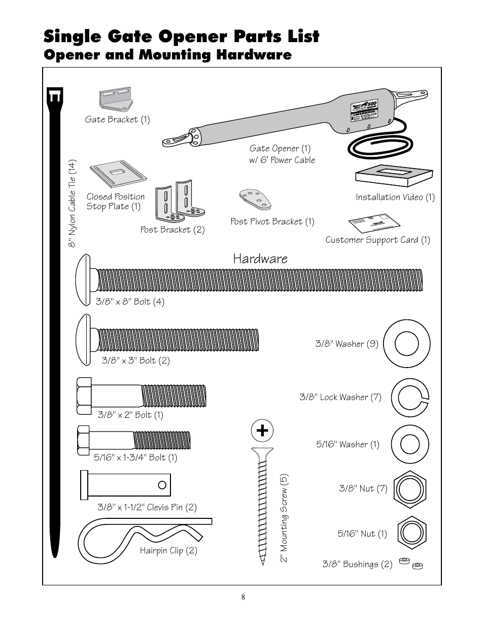 Single gate opener parts list, 6o`reo`s, Opener and mounting hardware | Mighty Mule FM500 Green Board User Manual | Page 12 / 42