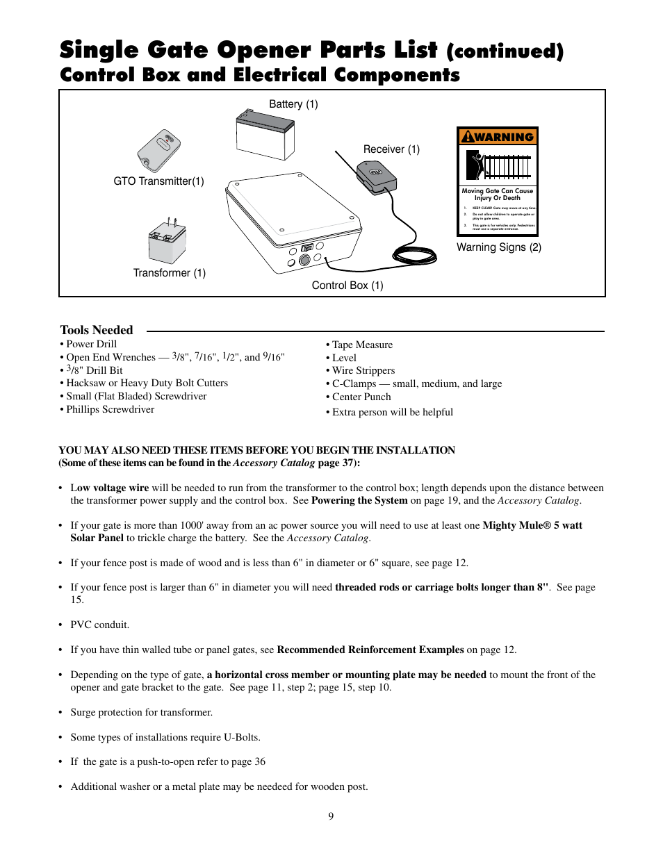 Single gate opener parts list, Continued) control box and electrical components, Tools needed | Mighty Mule FM500 Green Board User Manual | Page 13 / 42