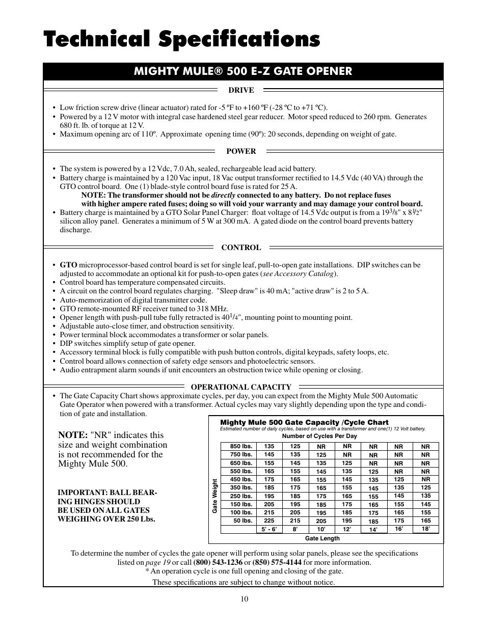 Technical specifications, Mighty mule® 500 e-z gate opener | Mighty Mule FM500 Green Board User Manual | Page 14 / 42