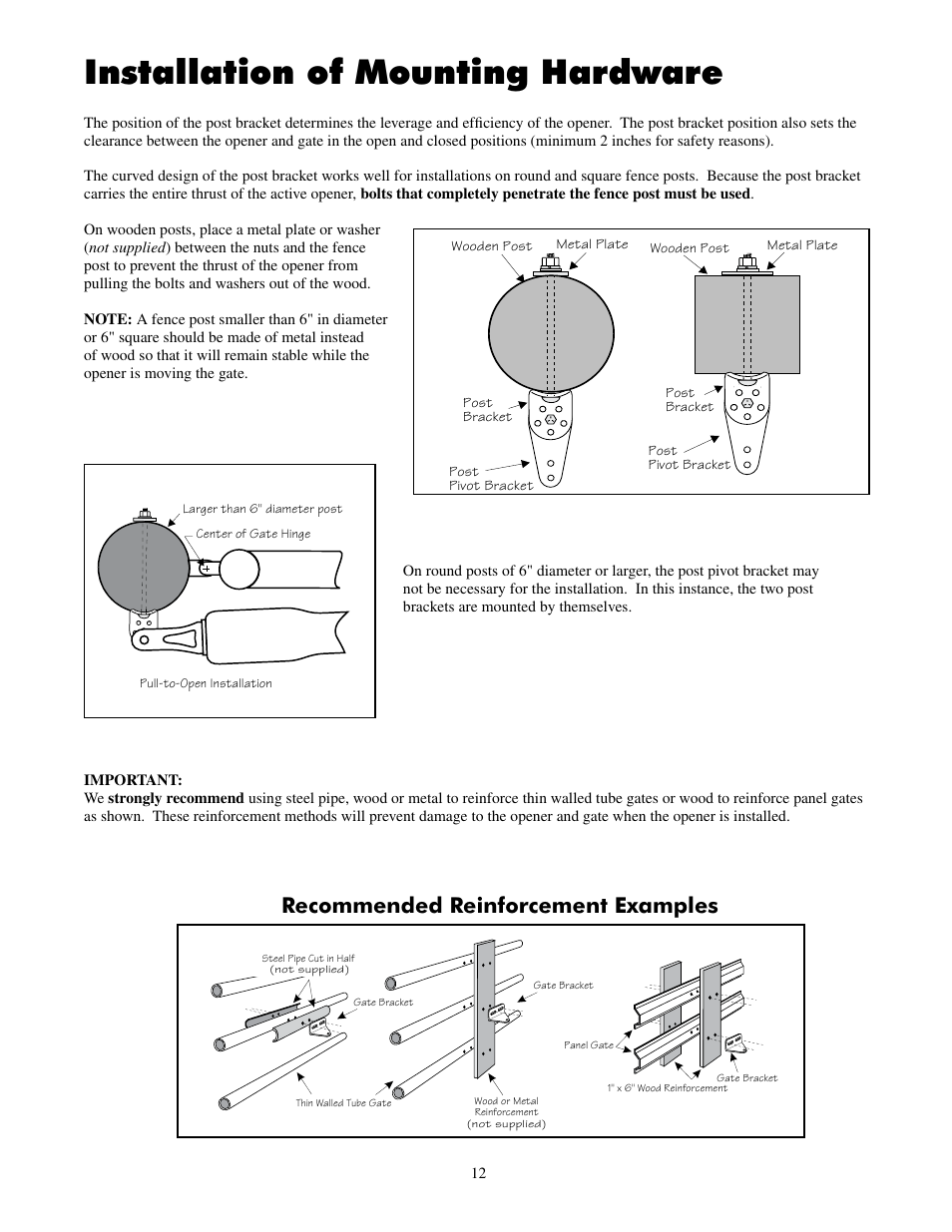 Installation of mounting hardware, Recommended reinforcement examples | Mighty Mule FM500 Green Board User Manual | Page 16 / 42