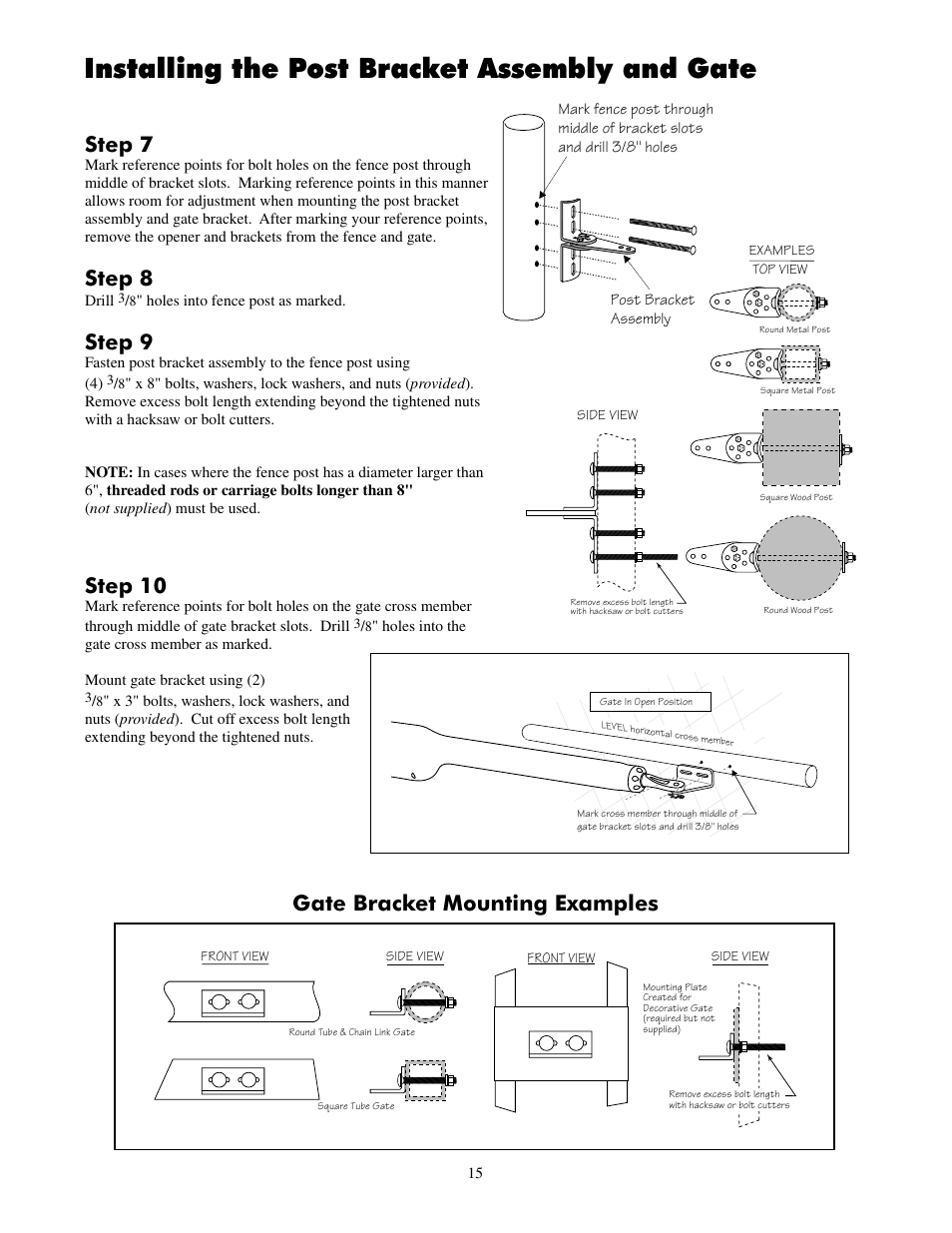 Installing the post bracket assembly and gate, Step 7, Step 8 | Step 9, Step 10, Gate bracket mounting examples | Mighty Mule FM500 Green Board User Manual | Page 19 / 42
