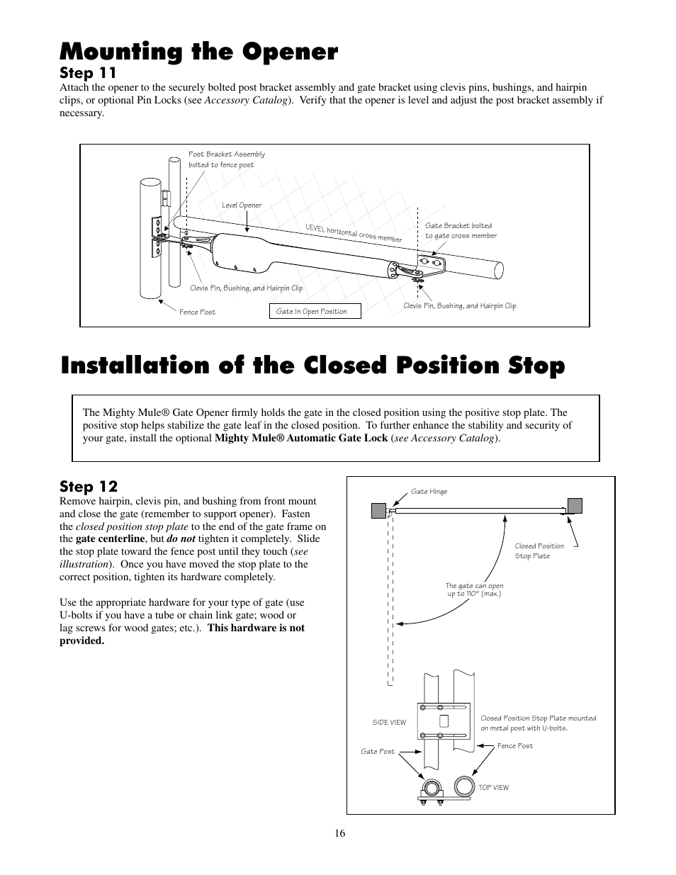 Mounting the opener, Installation of the closed position stop, Step 11 | Step 12 | Mighty Mule FM500 Green Board User Manual | Page 20 / 42