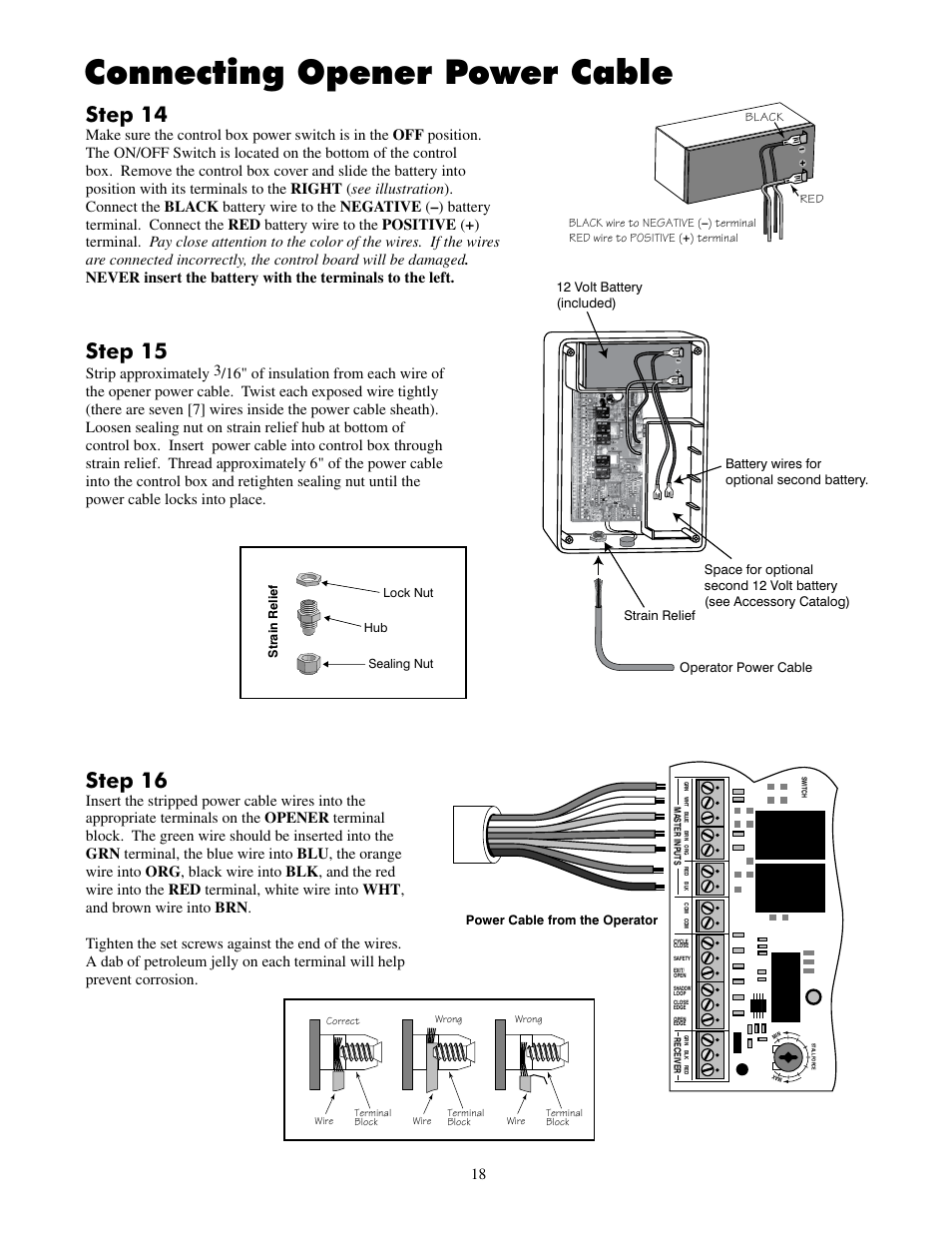 Connecting opener power cable, Step 15, Step 16 | Step 14 | Mighty Mule FM500 Green Board User Manual | Page 22 / 42