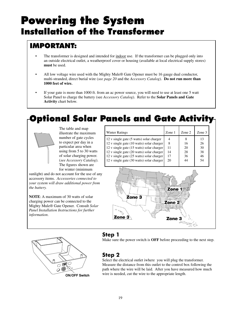 Powering the system, Installation of the transformer, Optional solar panels and gate activity | Important, Step 1, Step 2 | Mighty Mule FM500 Green Board User Manual | Page 23 / 42