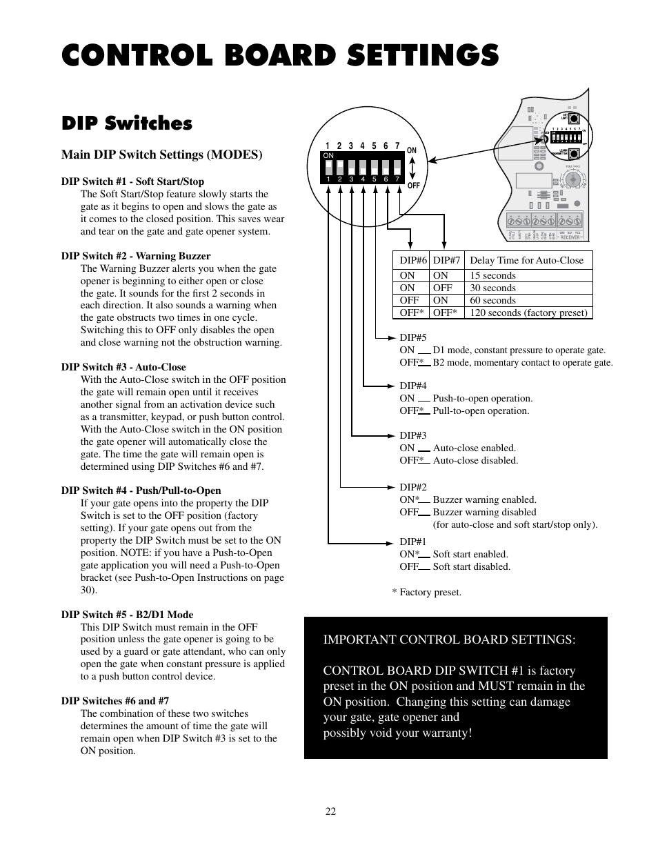 Control board settings, Dip switches | Mighty Mule FM500 Green Board User Manual | Page 26 / 42