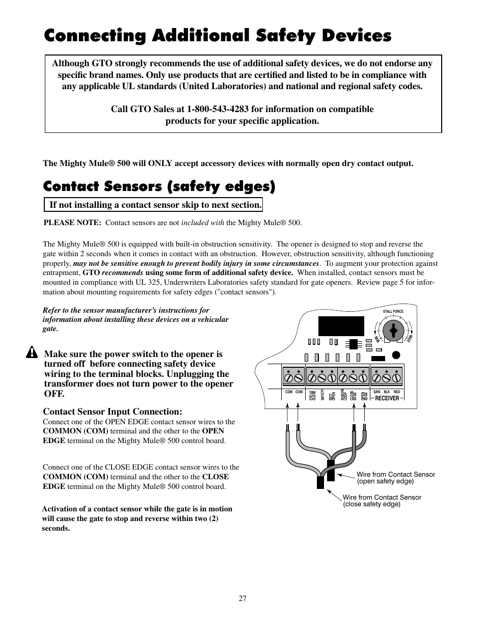 Connecting additional safety devices, Contact sensors (safety edges) | Mighty Mule FM500 Green Board User Manual | Page 31 / 42