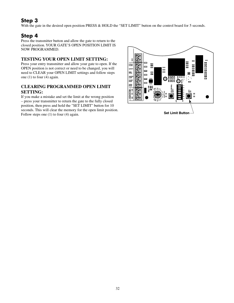 Step 3, Step 4, Testing your open limit setting | Clearing programmed open limit setting, Set limit button | Mighty Mule FM500 Green Board User Manual | Page 36 / 42