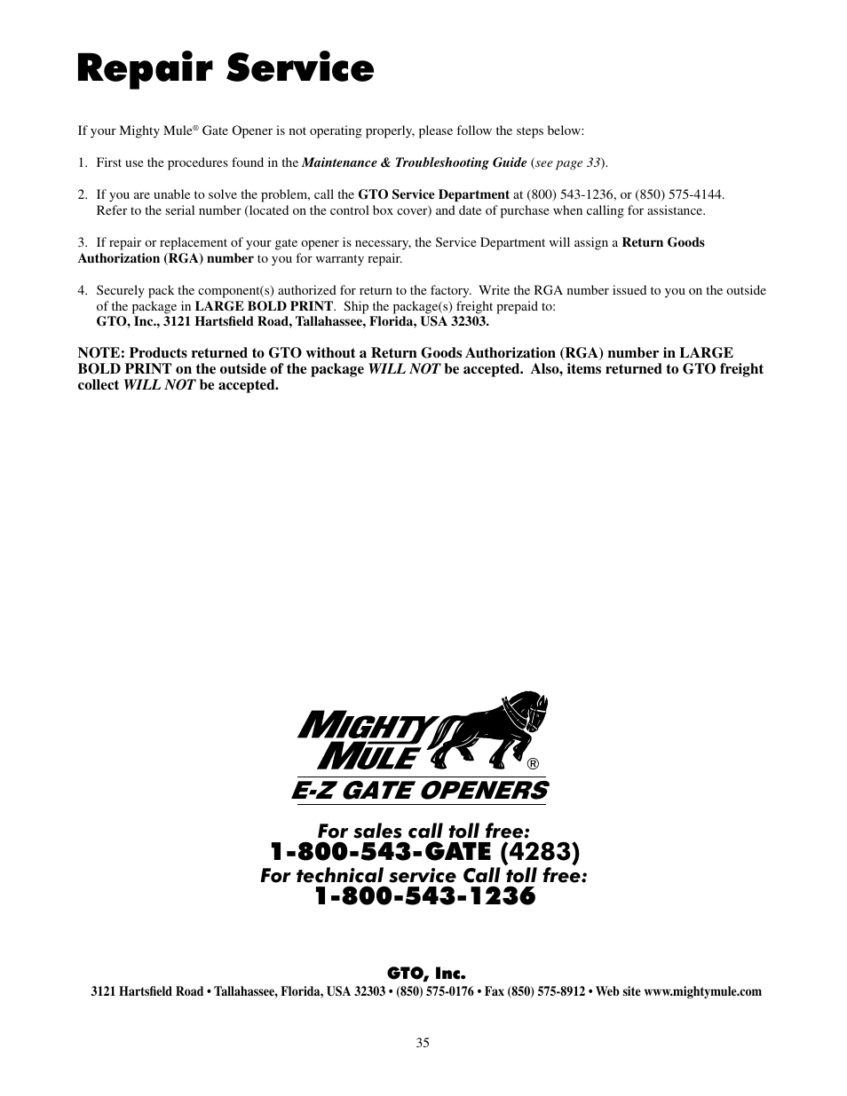 Repair service, E-z gate openers | Mighty Mule FM500 Green Board User Manual | Page 39 / 42