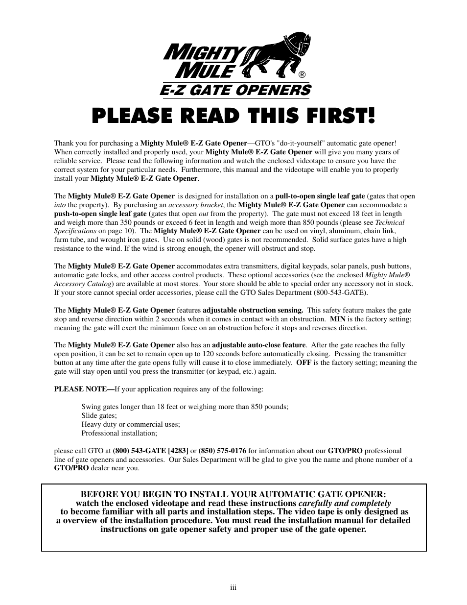 Please read this first, E-z gate openers | Mighty Mule FM500 Green Board User Manual | Page 4 / 42