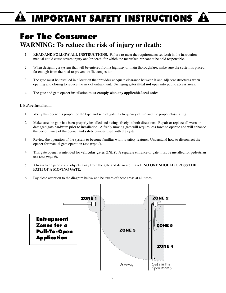 Important safety instructions, For the consumer, Warning: to reduce the risk of injury or death | Entrapment zones for a pull-to-open application | Mighty Mule FM500 Green Board User Manual | Page 6 / 42