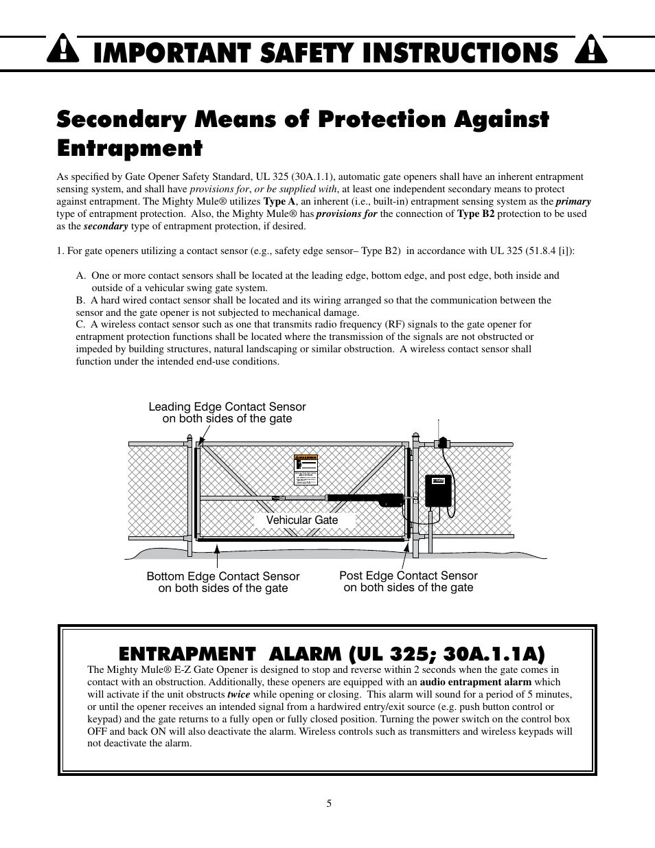 Important safety instructions, Secondary means of protection against entrapment | Mighty Mule FM500 Green Board User Manual | Page 9 / 42