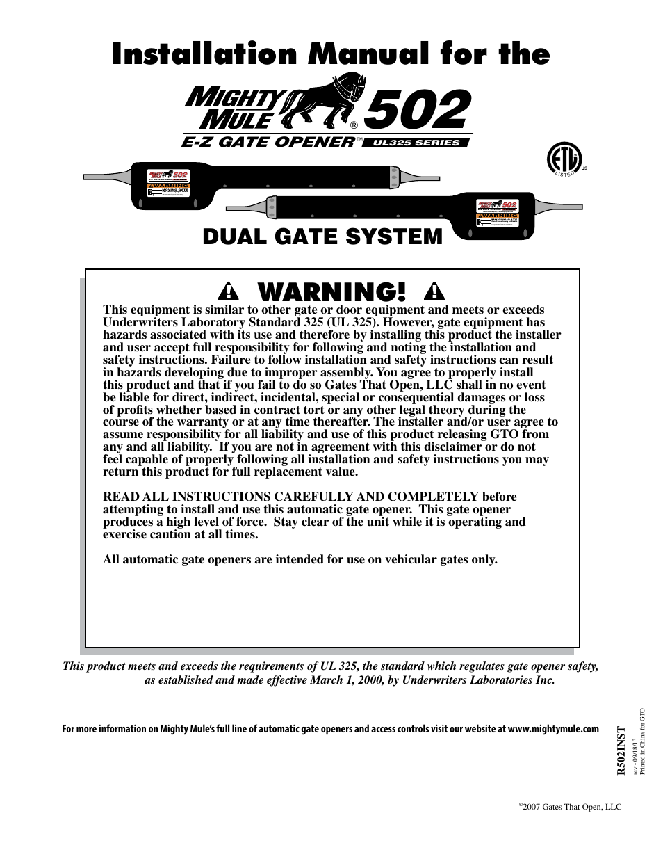 Mighty Mule FM502 Dual Swing - Blue Board User Manual | 44 pages