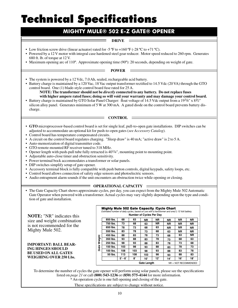 Technical specifications, Mighty mule® 502 e-z gate® opener | Mighty Mule FM502 Dual Swing - Blue Board User Manual | Page 14 / 44