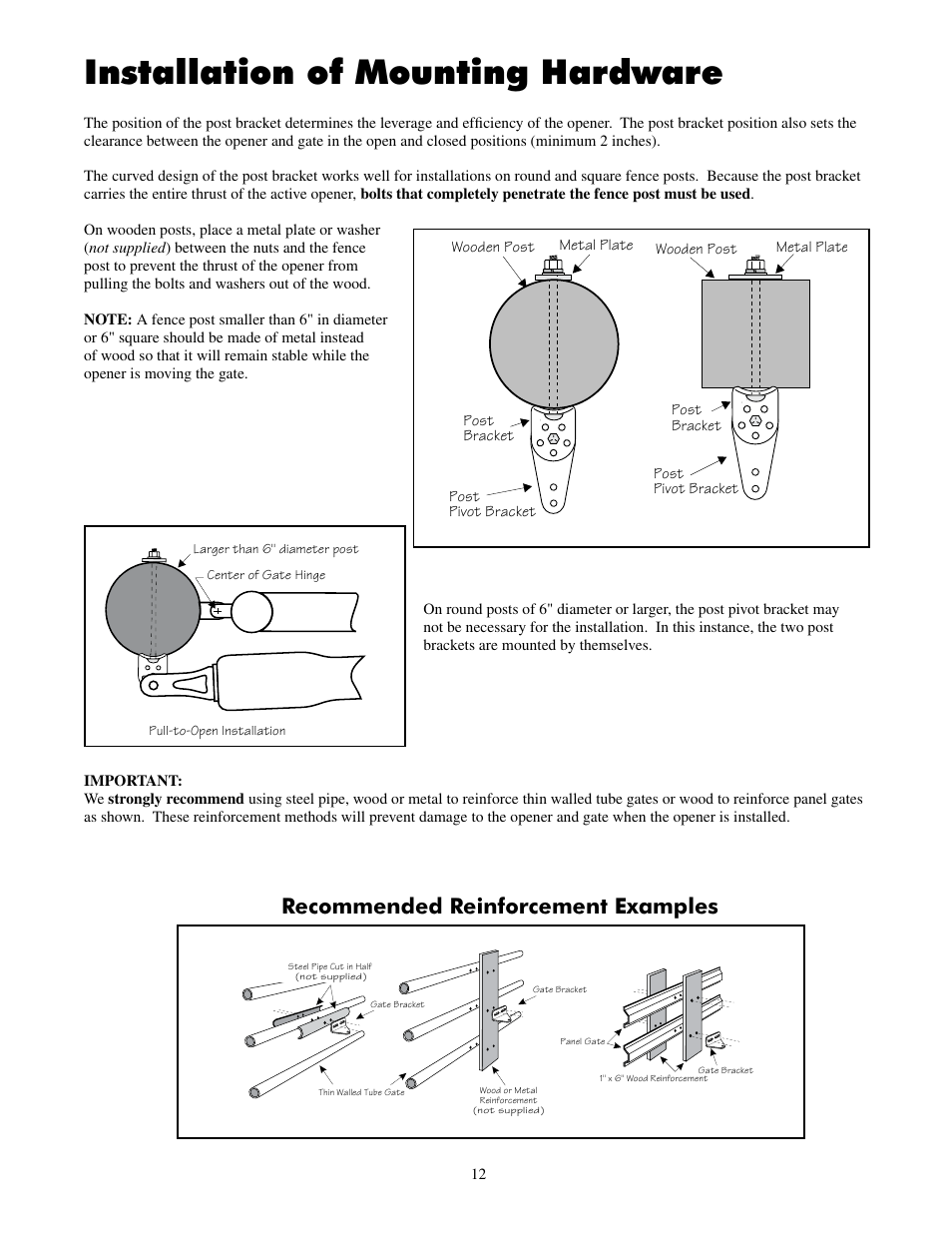 Installation of mounting hardware, Recommended reinforcement examples | Mighty Mule FM502 Dual Swing - Blue Board User Manual | Page 16 / 44