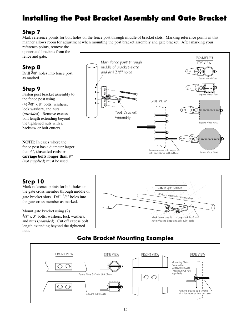 Step 7, Step 8, Step 9 | Step 10, Gate bracket mounting examples | Mighty Mule FM502 Dual Swing - Blue Board User Manual | Page 19 / 44
