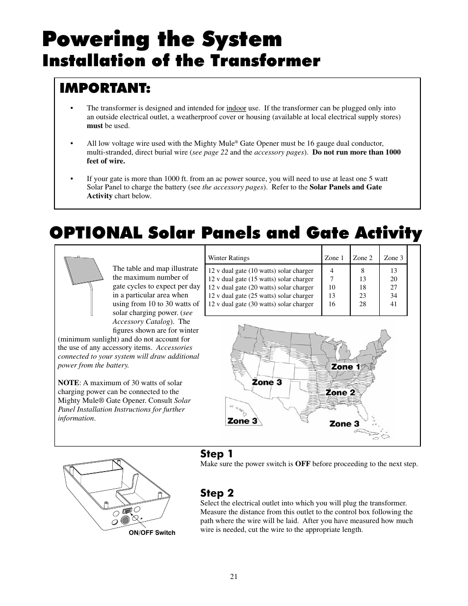 Powering the system, Optional solar panels and gate activity, Installation of the transformer | Important, Step 1, Step 2 | Mighty Mule FM502 Dual Swing - Blue Board User Manual | Page 25 / 44