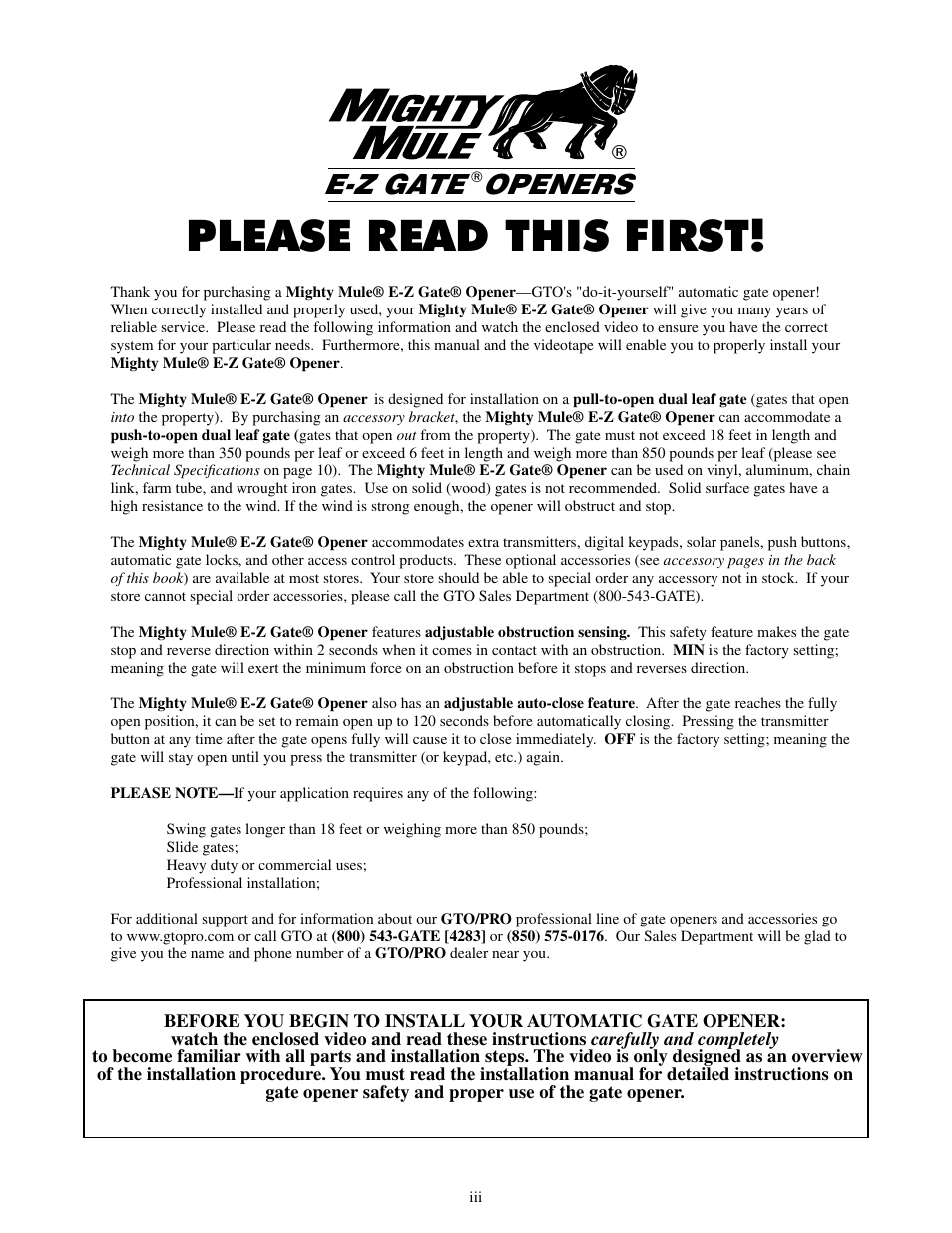 Please read this first, E-z gate openers | Mighty Mule FM502 Dual Swing - Blue Board User Manual | Page 4 / 44