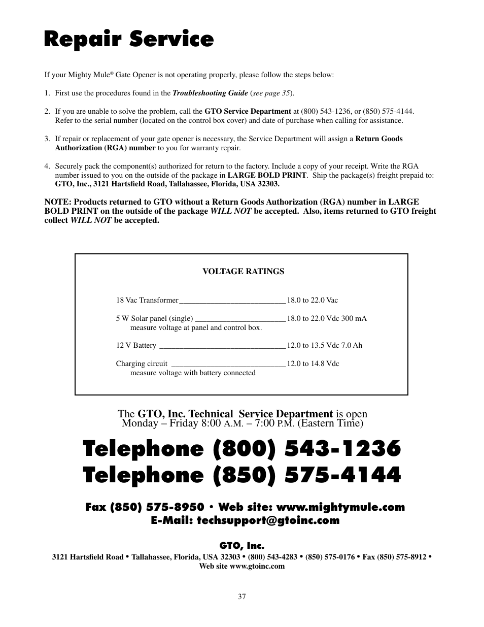 Repair service | Mighty Mule FM502 Dual Swing - Blue Board User Manual | Page 41 / 44